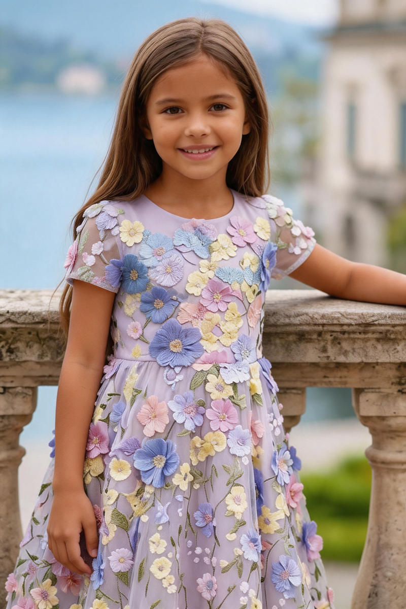 Girls Lavender Floral Tulle Dress for Wedding