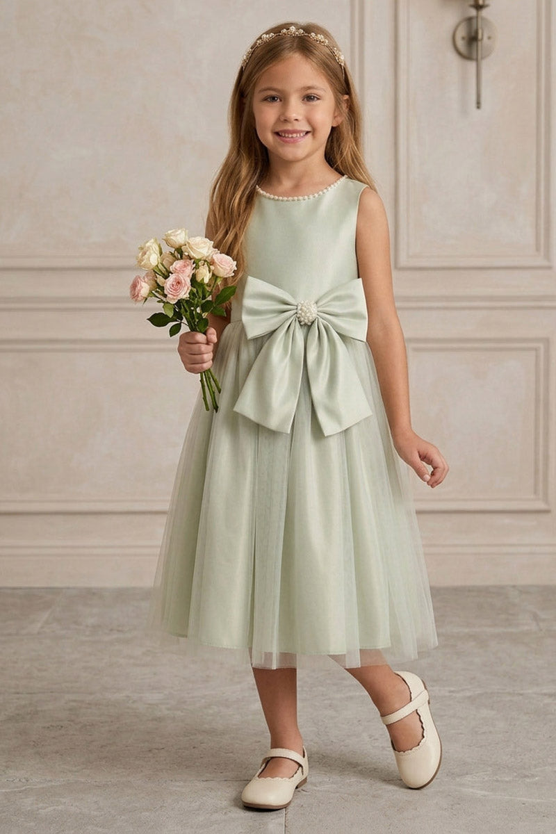 Girls Sage Green Satin & Tulle Dress for Wedding