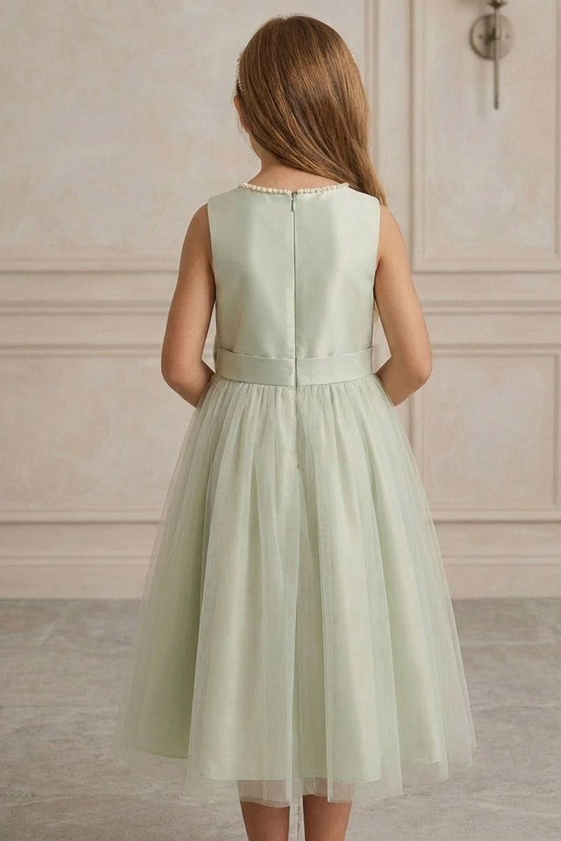 Girls Sage Green Satin & Tulle Dress for Wedding