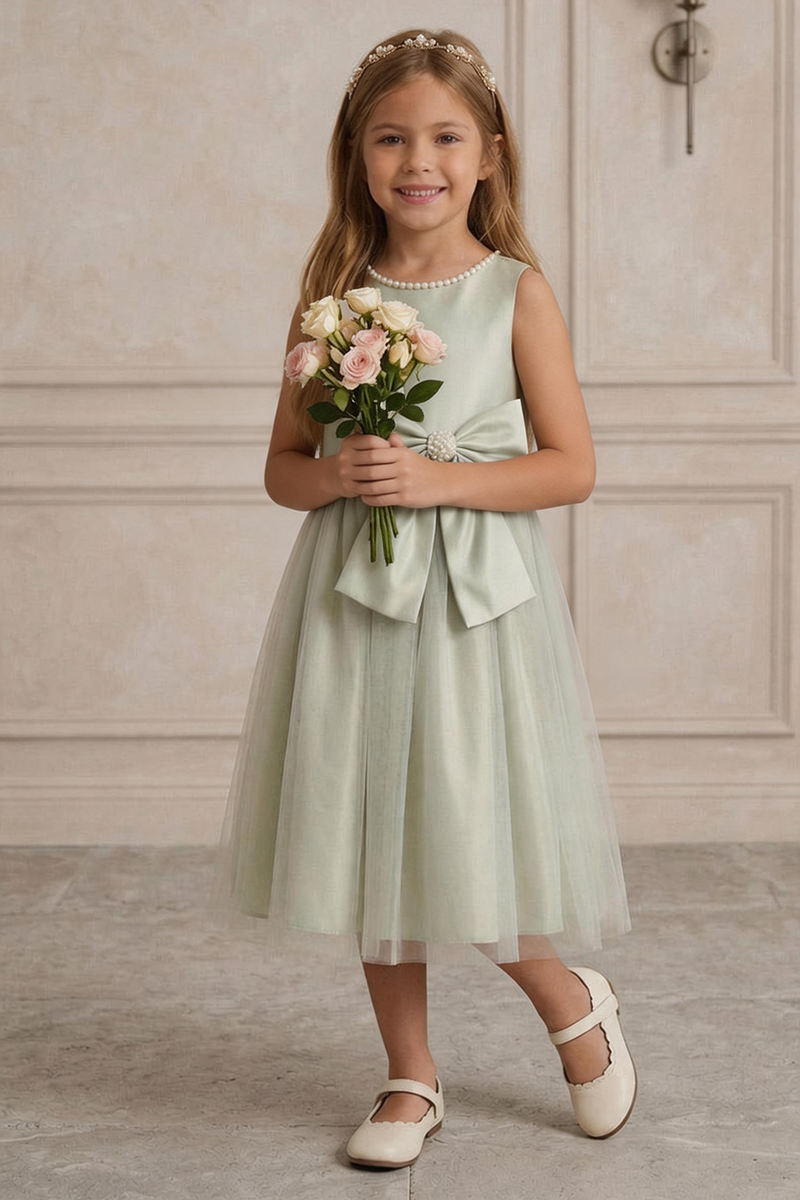 Girls Sage Green Satin & Tulle Dress for Wedding