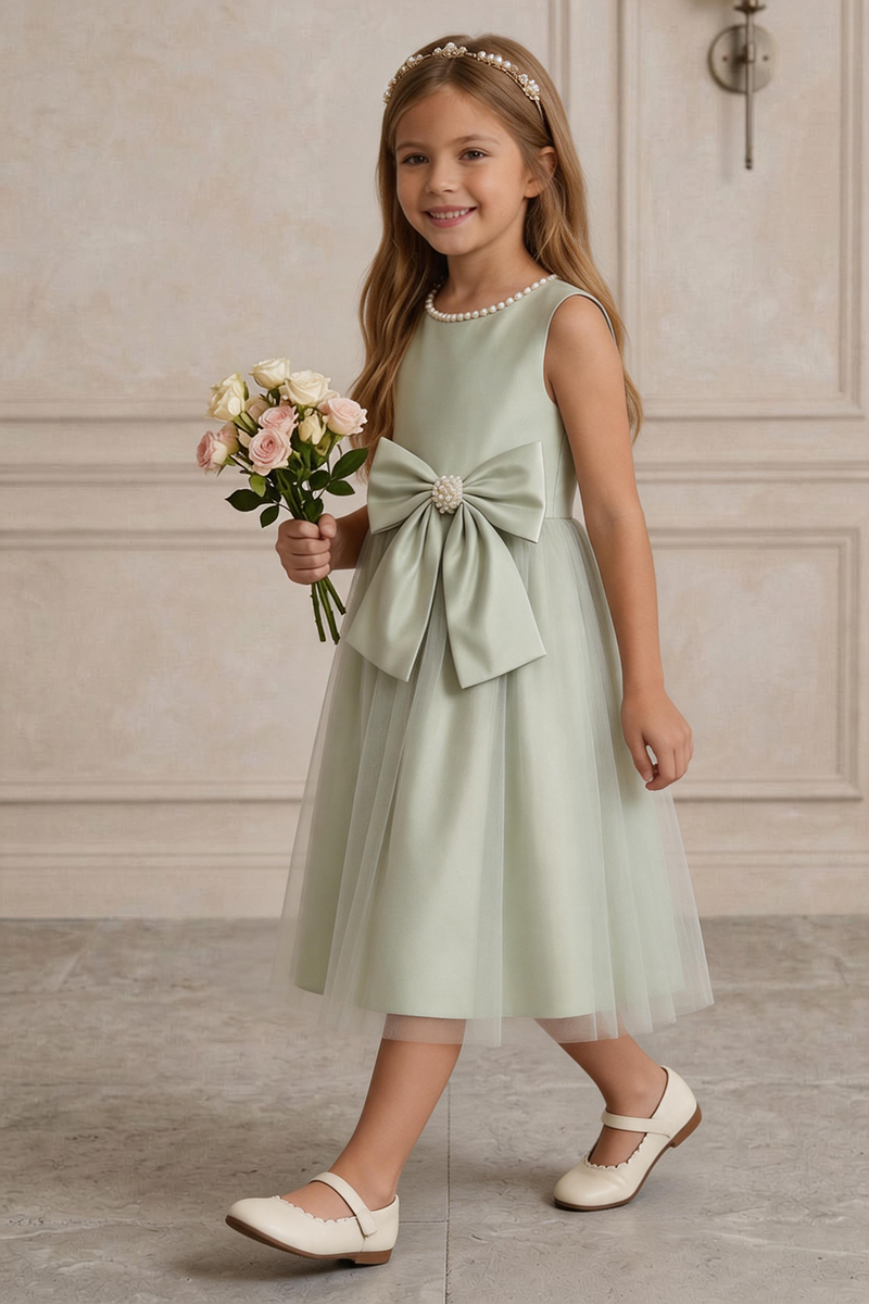 Girls Sage Green Satin & Tulle Dress for Wedding