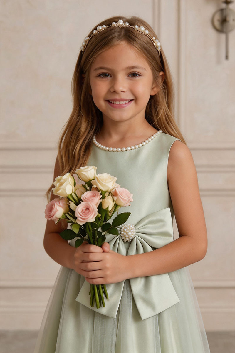 Girls Sage Green Satin & Tulle Dress for Wedding