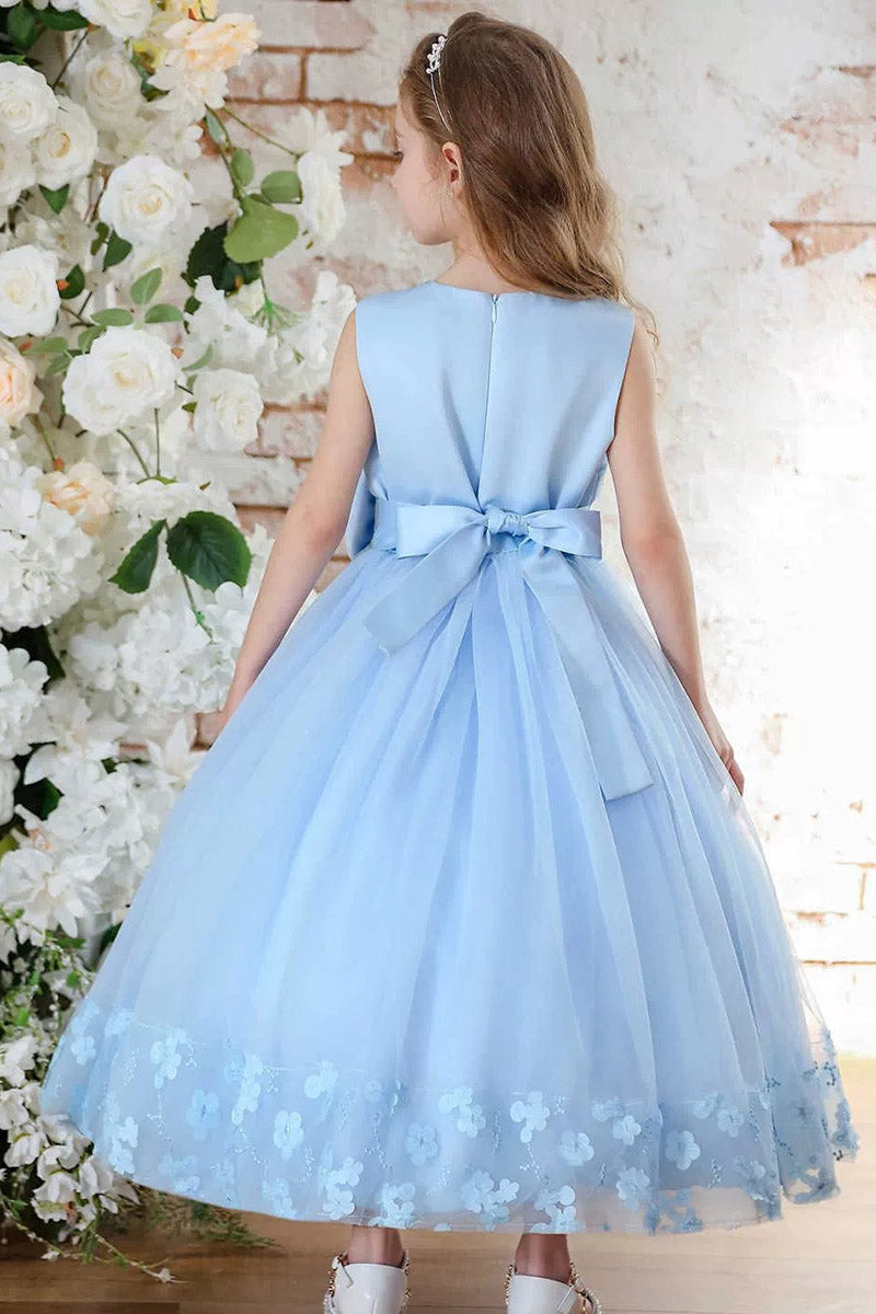 Girls Light Blue Floral Tulle Dress for Wedding