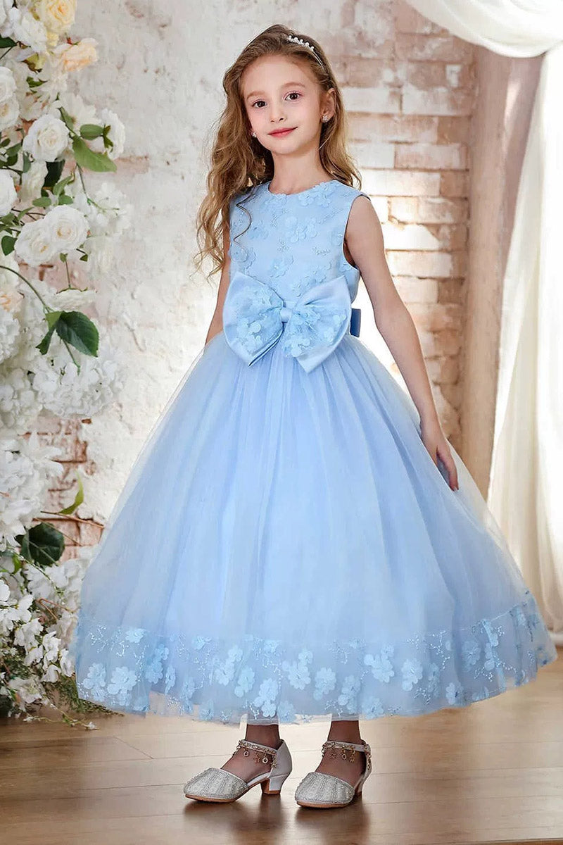 Girls Light Blue Floral Tulle Dress for Wedding