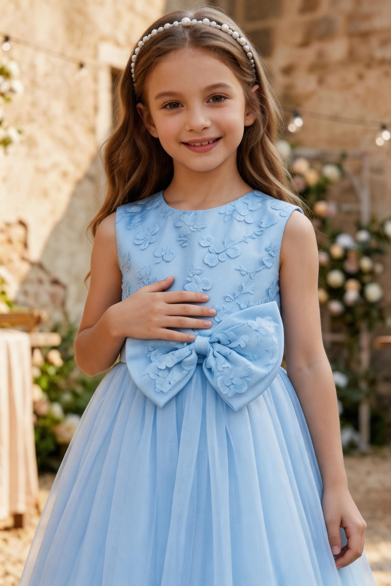 Girls Light Blue Floral Tulle Dress for Wedding