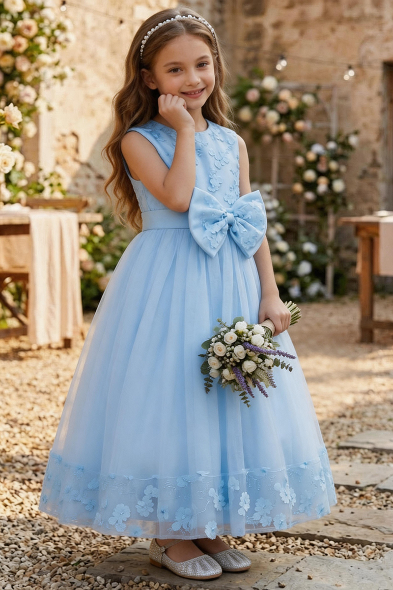 Girls Light Blue Floral Tulle Dress for Wedding
