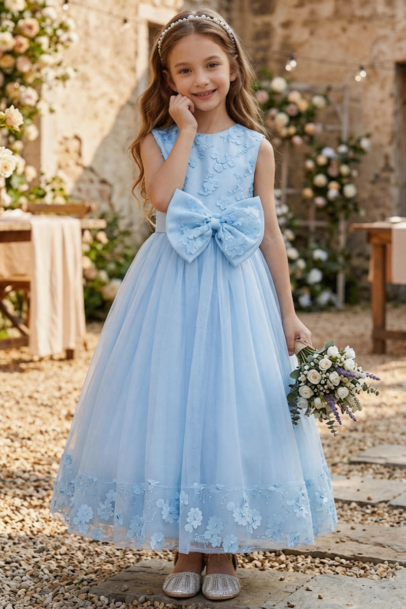 Girls Light Blue Floral Tulle Dress for Wedding