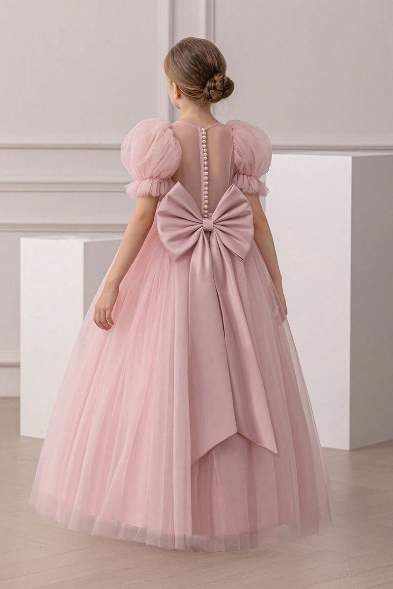Girls Blush Pink Tulle Gown with Bow Detail for Wedding