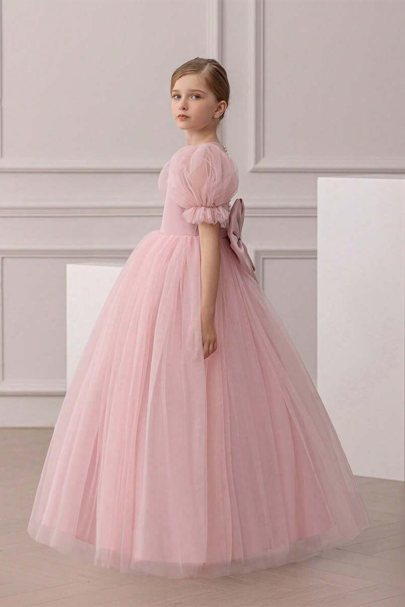 Girls Blush Pink Tulle Gown with Bow Detail for Wedding