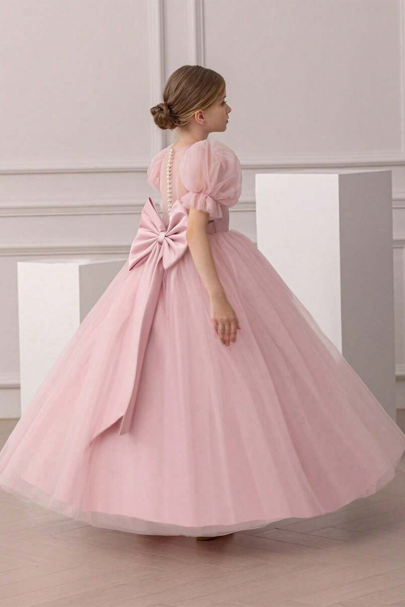 Girls Blush Pink Tulle Gown with Bow Detail for Wedding