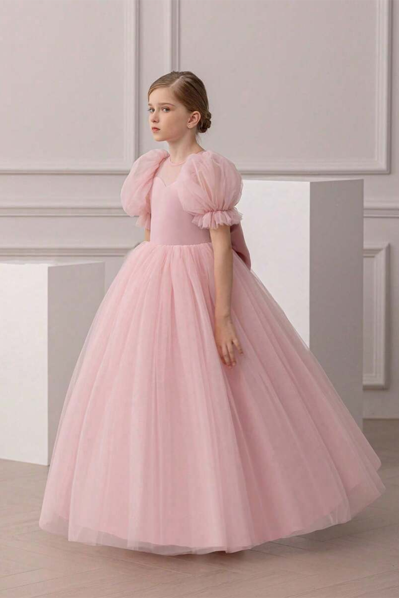 Girls Blush Pink Tulle Gown with Bow Detail for Wedding