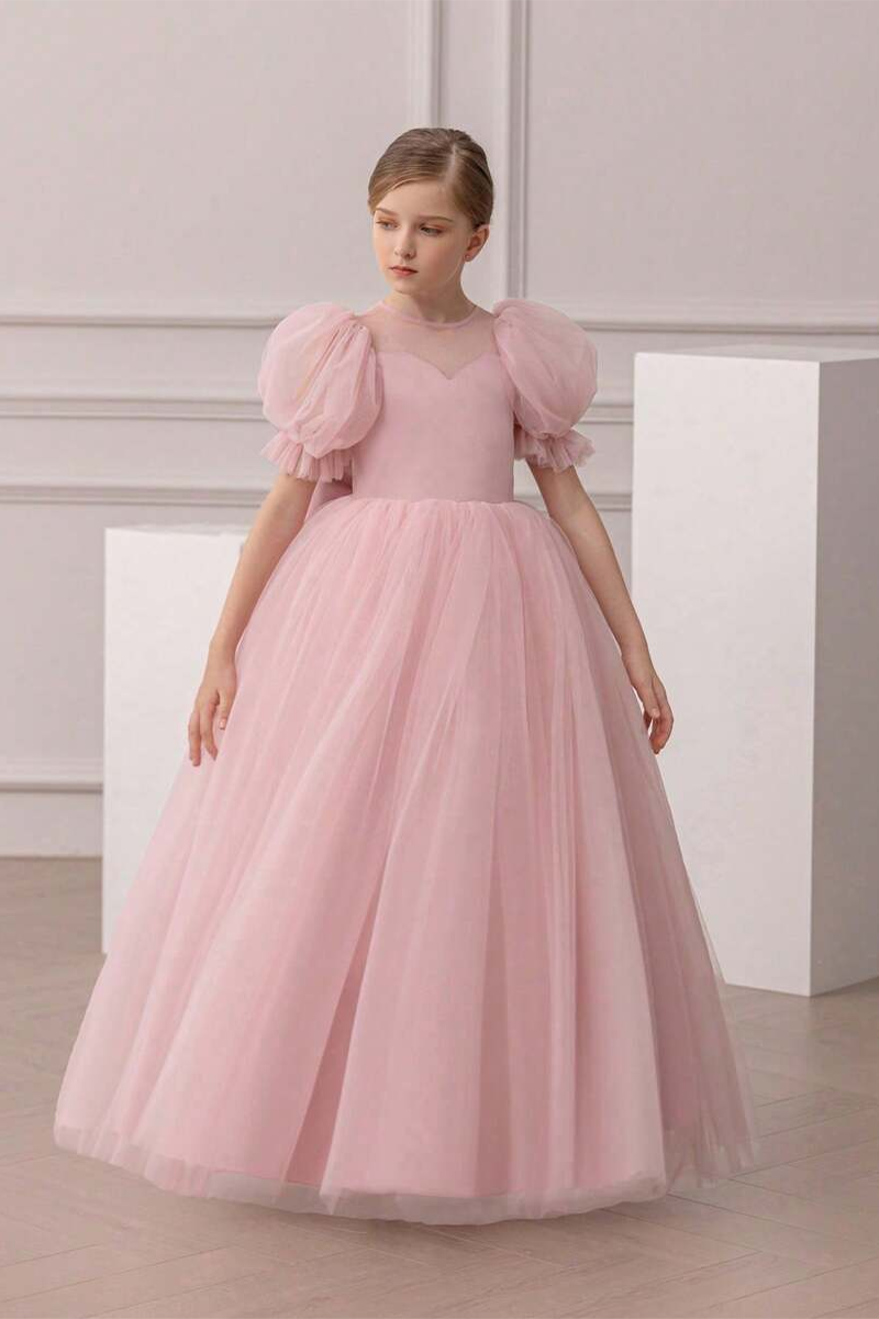 Girls Blush Pink Tulle Gown with Bow Detail for Wedding
