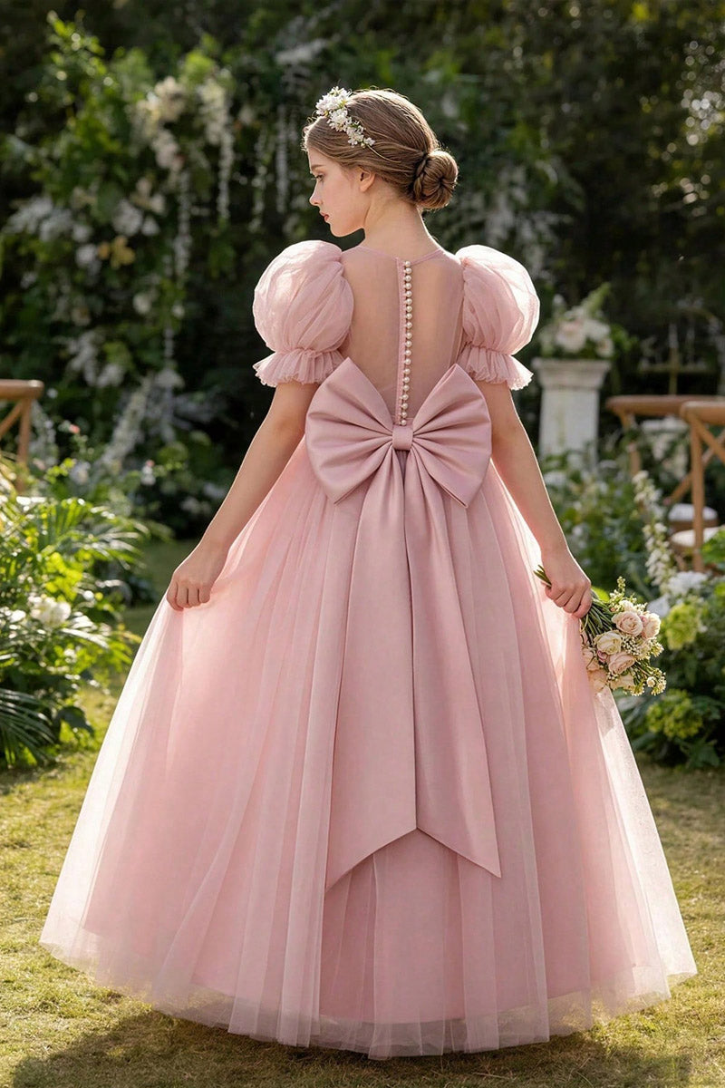 Girls Blush Pink Tulle Gown with Bow Detail for Wedding