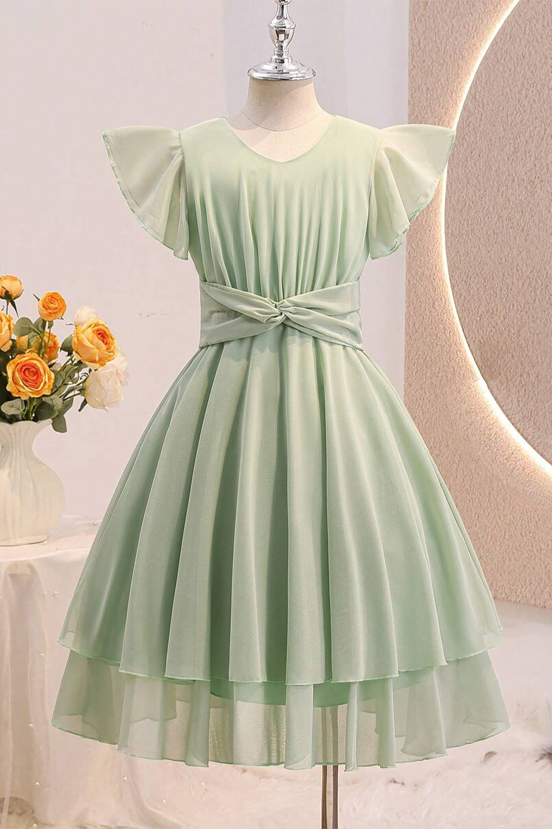 Girls Sage Green Chiffon Midi Dress for Garden Wedding