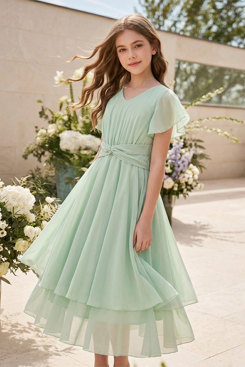 Girls Sage Green Chiffon Midi Dress for Garden Wedding