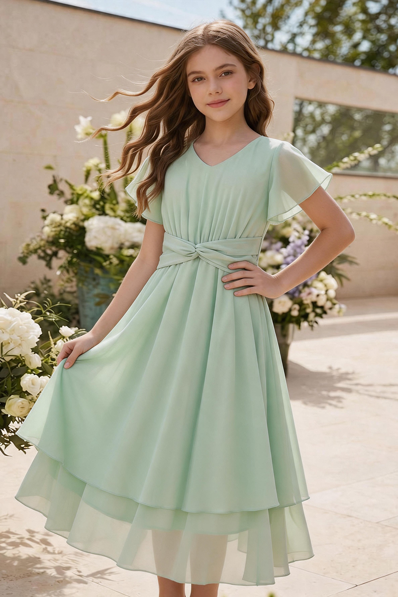 Girls Sage Green Chiffon Midi Dress for Garden Wedding