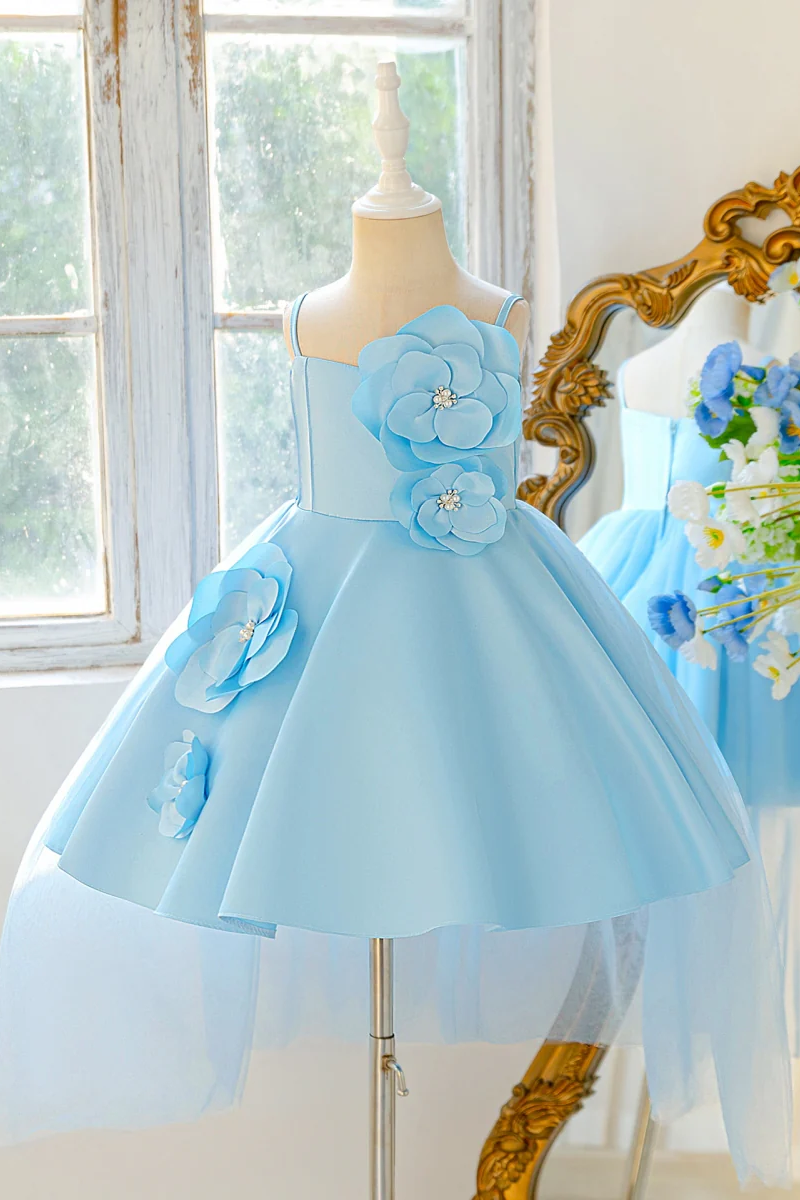 Girls Light Blue 3D Floral High-Low Tulle Dress for Wedding