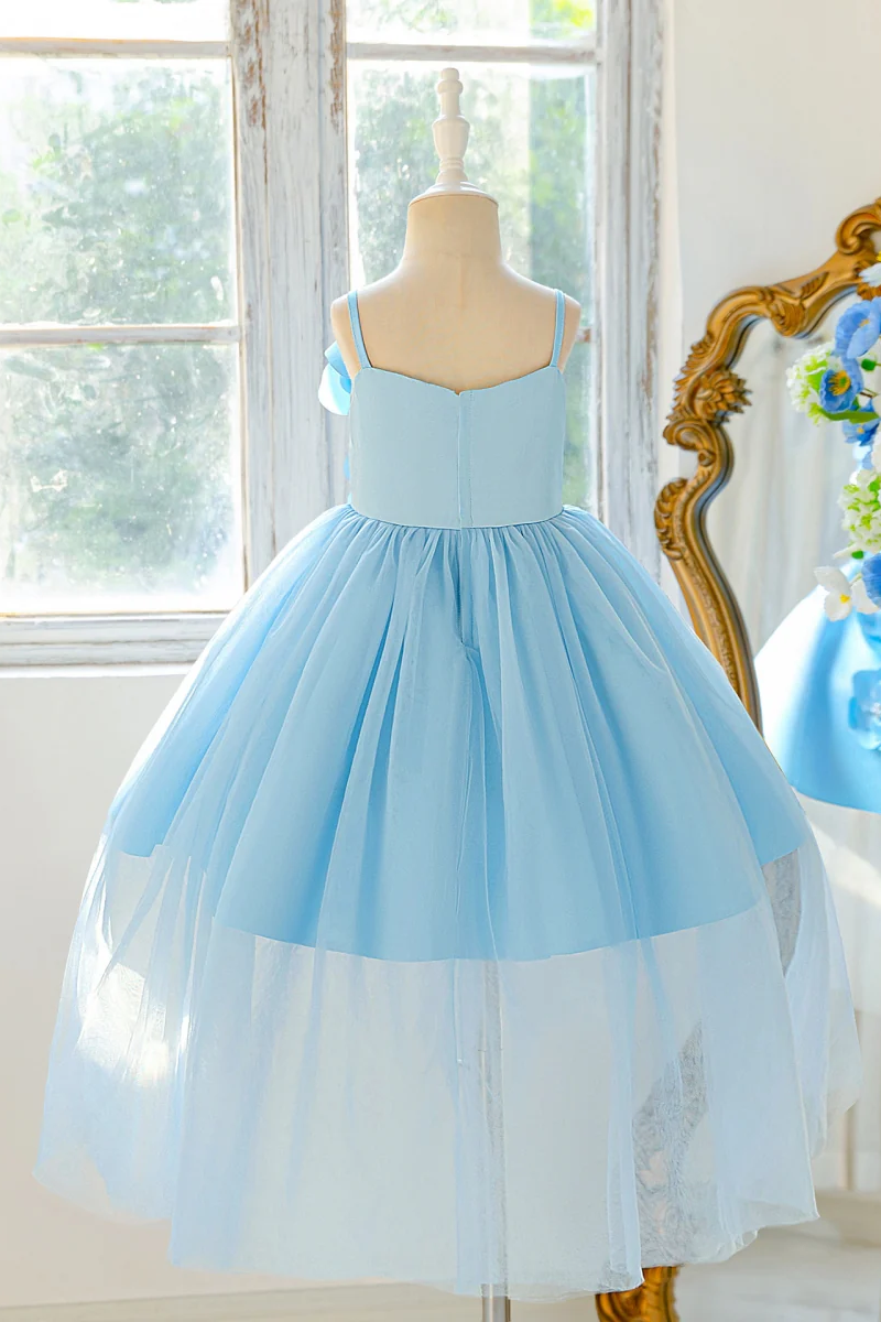 Girls Light Blue 3D Floral High-Low Tulle Dress for Wedding