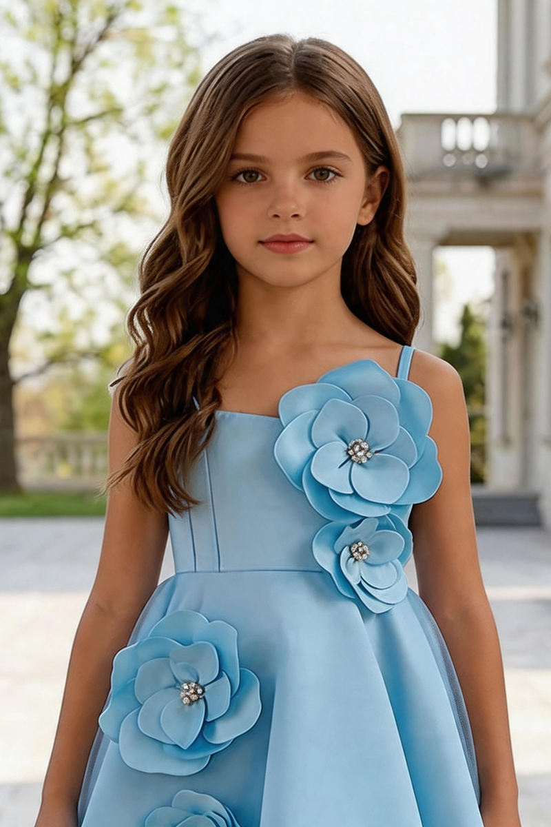 Girls Light Blue 3D Floral High-Low Tulle Dress for Wedding