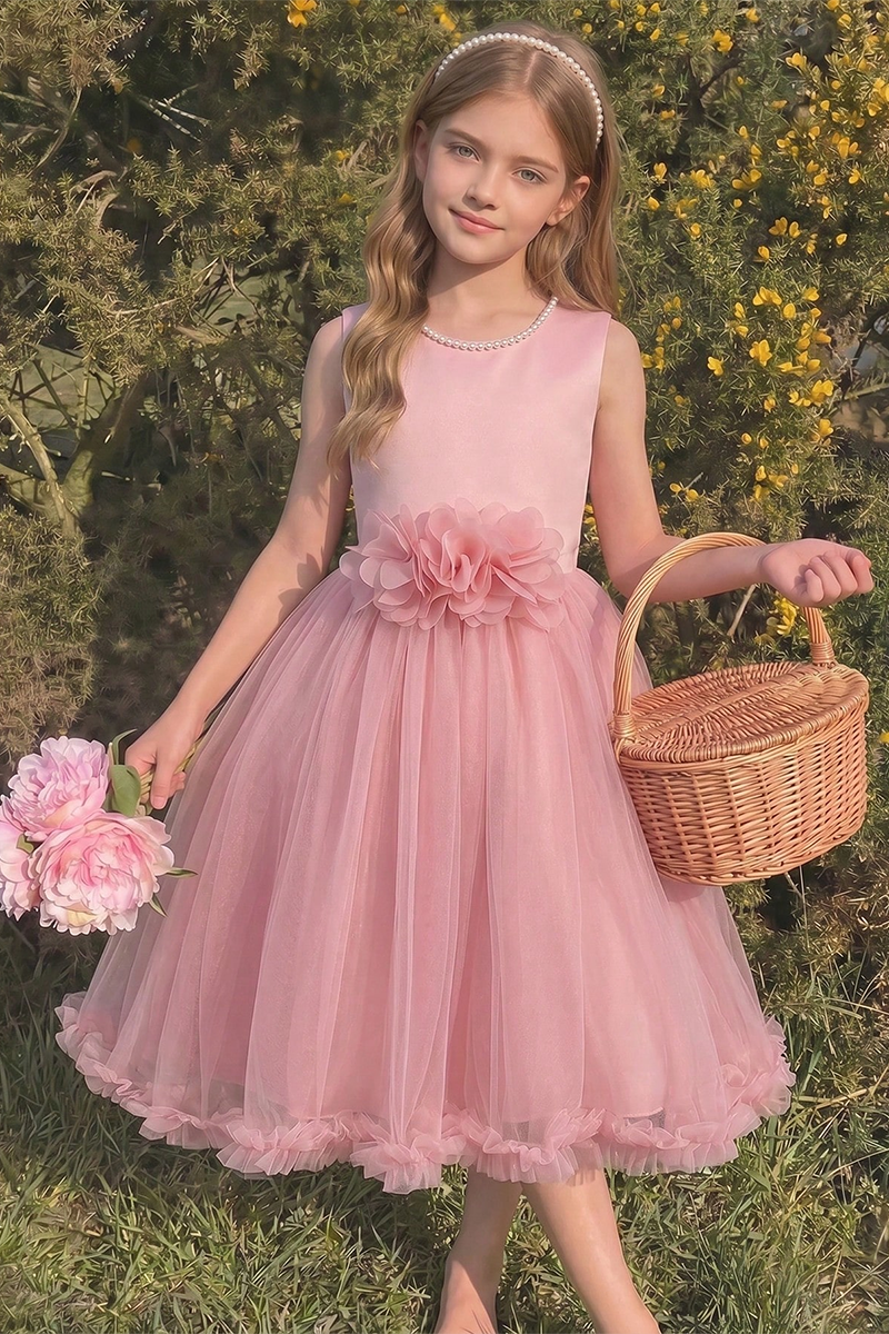 Girls Blush Satin & Tulle Midi Dress for Wedding
