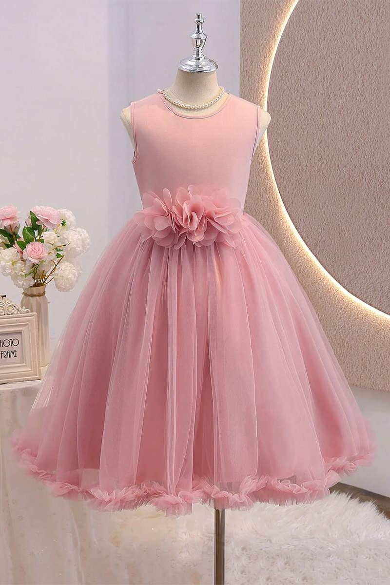 Girls Blush Satin & Tulle Midi Dress for Wedding