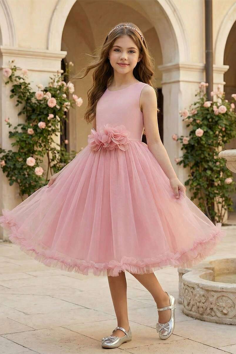 Girls Blush Satin & Tulle Midi Dress for Wedding