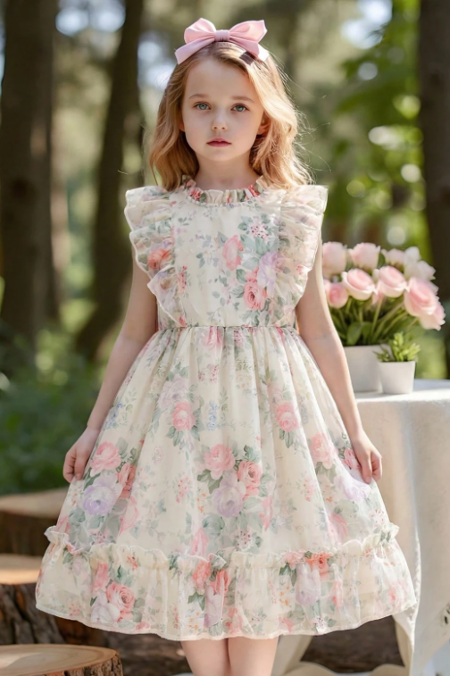 Cream Chiffon Floral-Print Ruffled Details Girls Dress