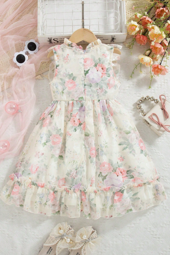 Cream Chiffon Floral-Print Ruffled Details Girls Dress
