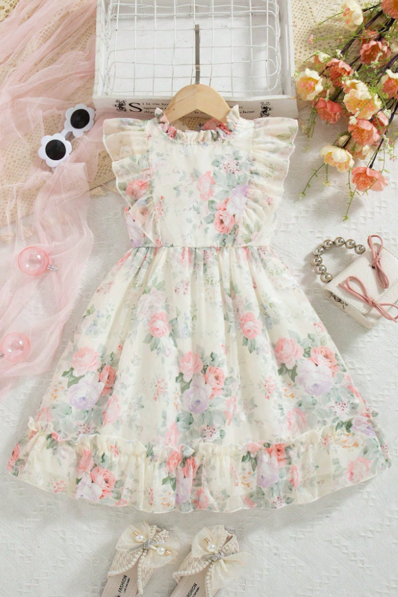 Cream Chiffon Floral-Print Ruffled Details Girls Dress