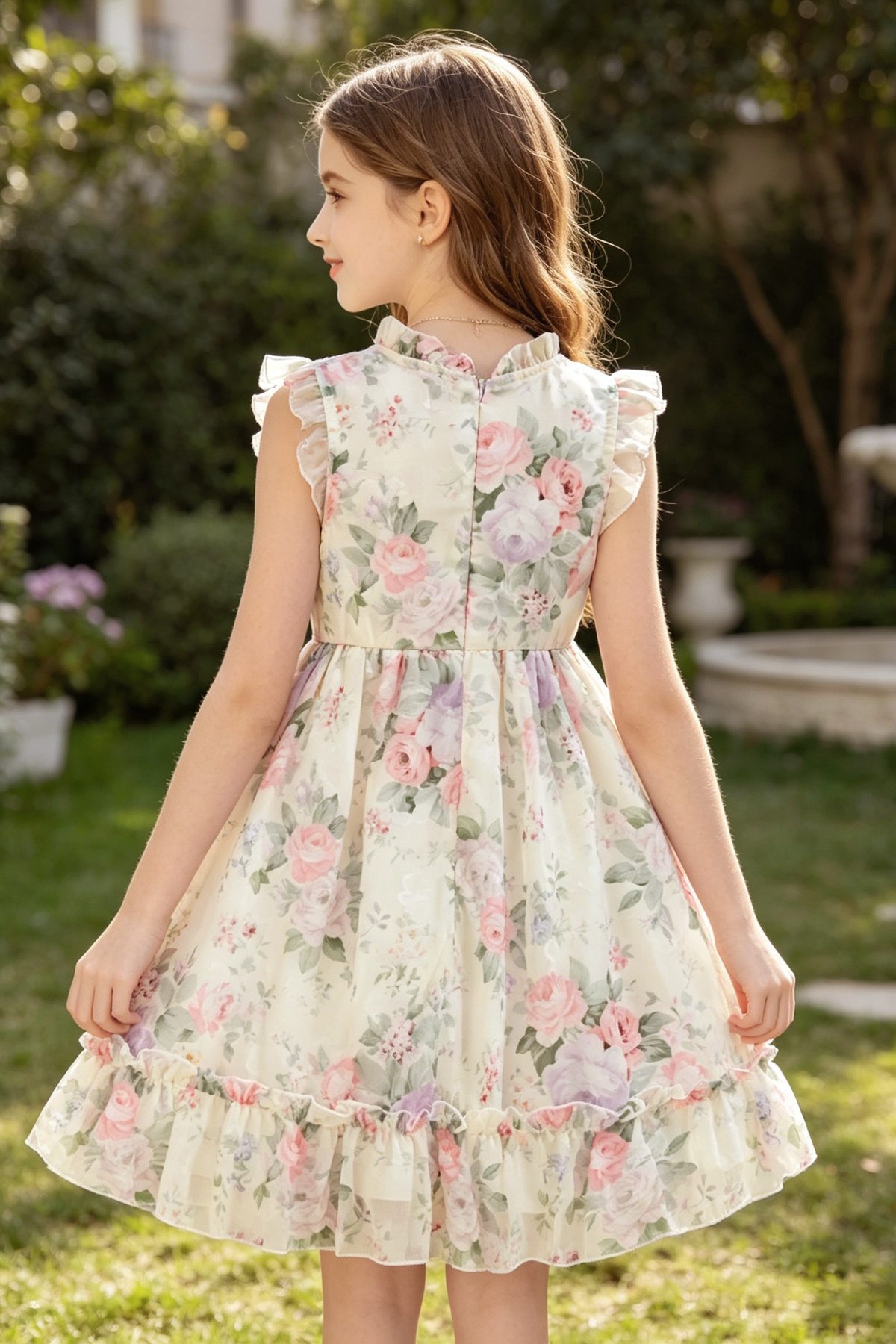 Cream Chiffon Floral-Print Ruffled Details Girls Dress