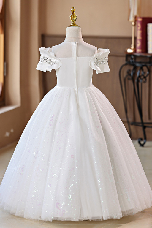 Champagne Off-the-Shoulder Satin & Glitter Tulle Girls Ball Dress