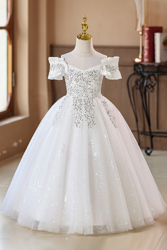 Champagne Off-the-Shoulder Satin & Glitter Tulle Girls Ball Dress