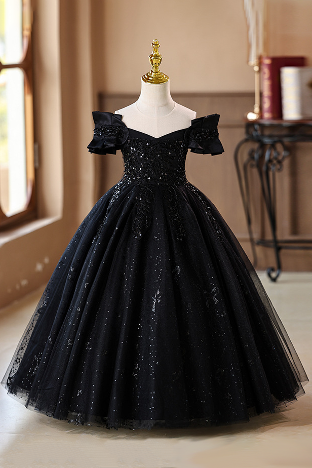 Champagne Off-the-Shoulder Satin & Glitter Tulle Girls Ball Dress