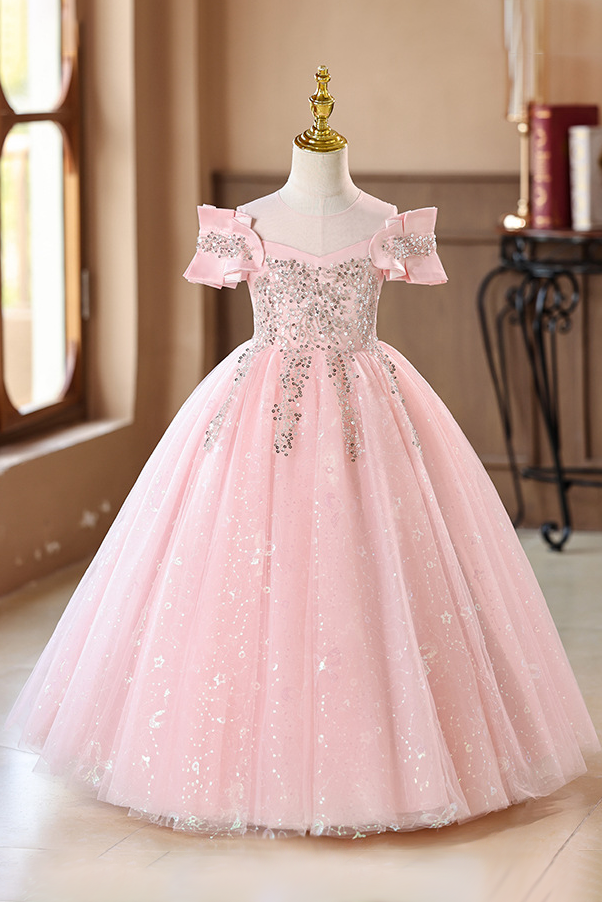 Champagne Off-the-Shoulder Satin & Glitter Tulle Girls Ball Dress