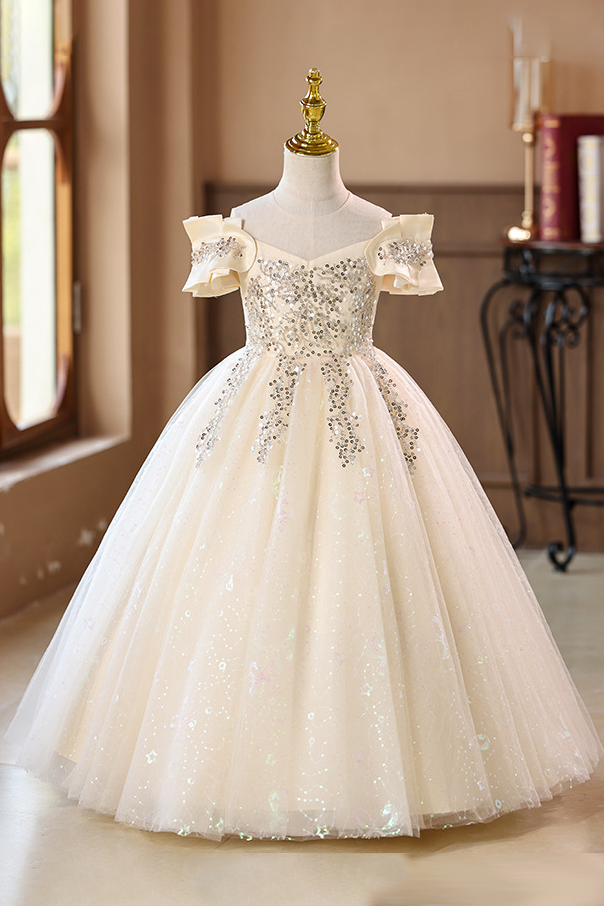 Champagne Off-the-Shoulder Satin & Glitter Tulle Girls Ball Dress