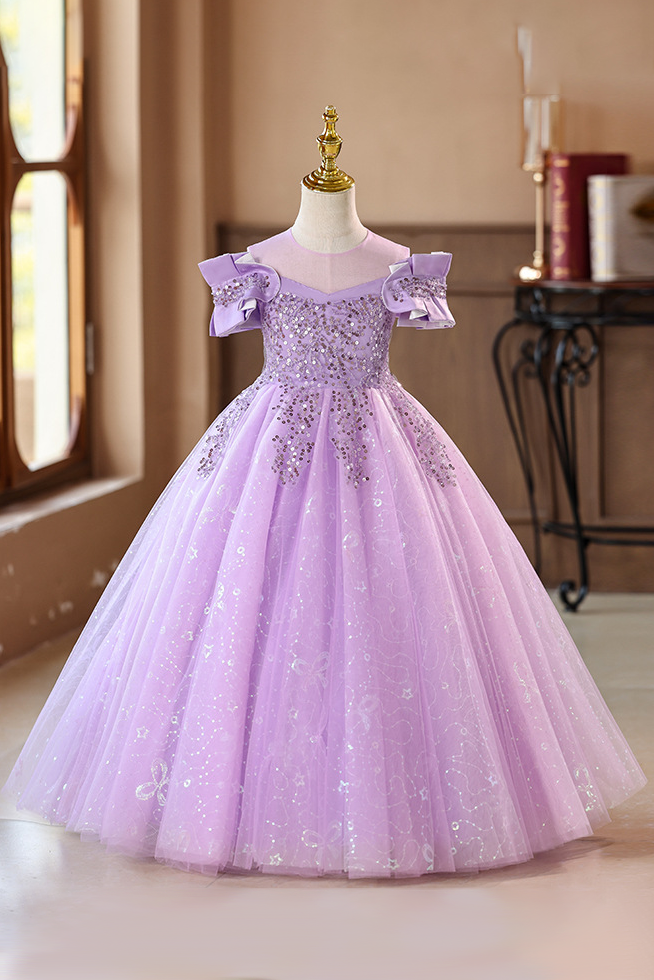 Champagne Off-the-Shoulder Satin & Glitter Tulle Girls Ball Dress