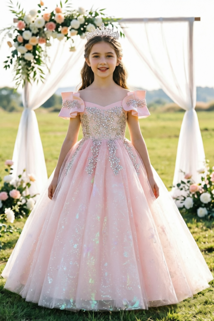 Champagne Off-the-Shoulder Satin & Glitter Tulle Girls Ball Dress