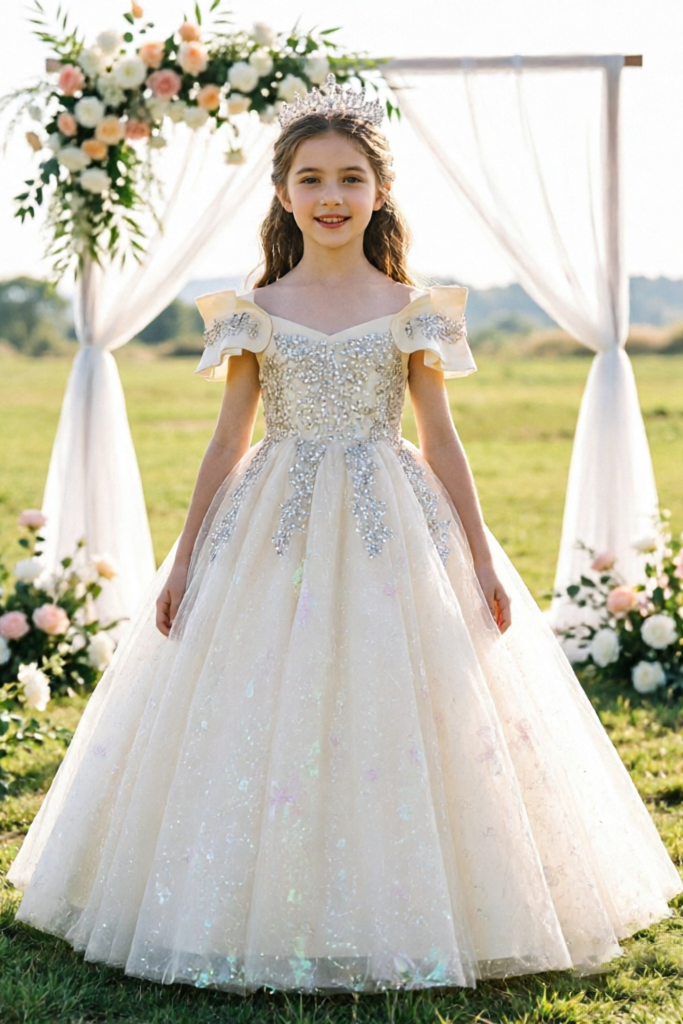 Champagne Off-the-Shoulder Satin & Glitter Tulle Girls Ball Dress