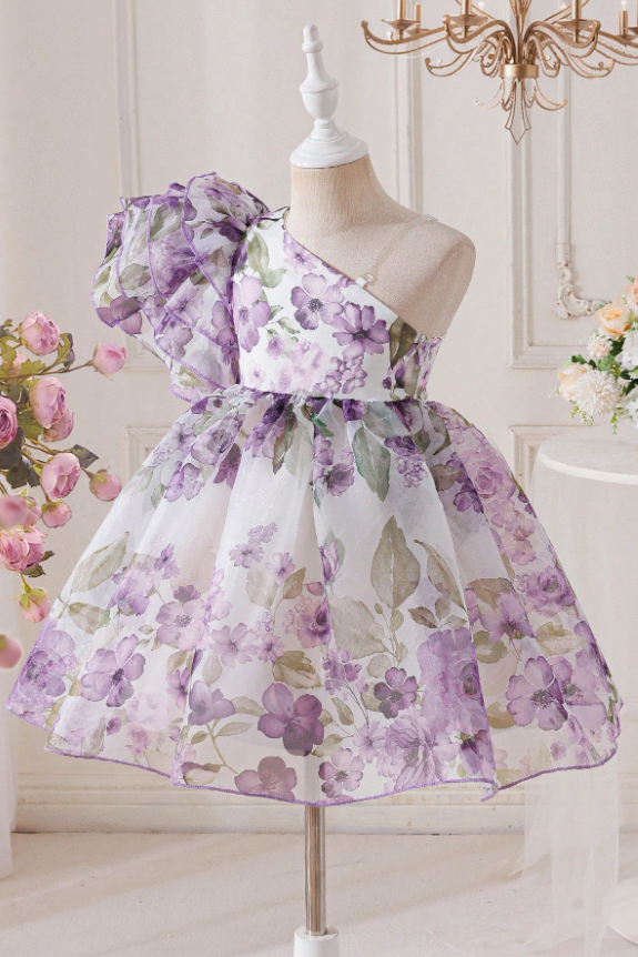 Light Purple Floral Chiffon One-Shoulder Ruffled Midi Dress