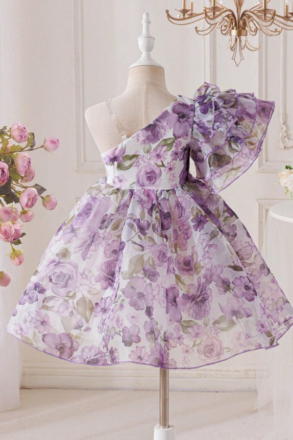 Light Purple Floral Chiffon One-Shoulder Ruffled Midi Dress