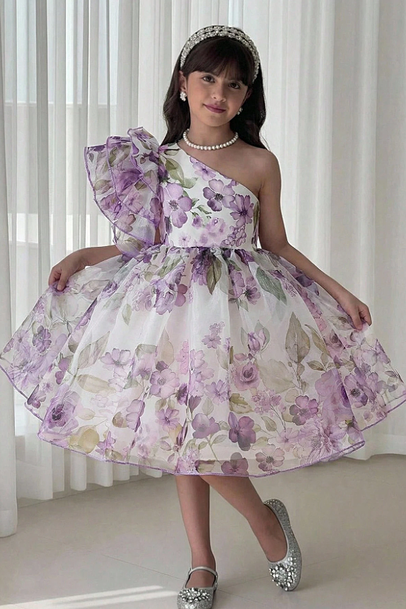 Light Purple Floral Chiffon One-Shoulder Ruffled Midi Dress