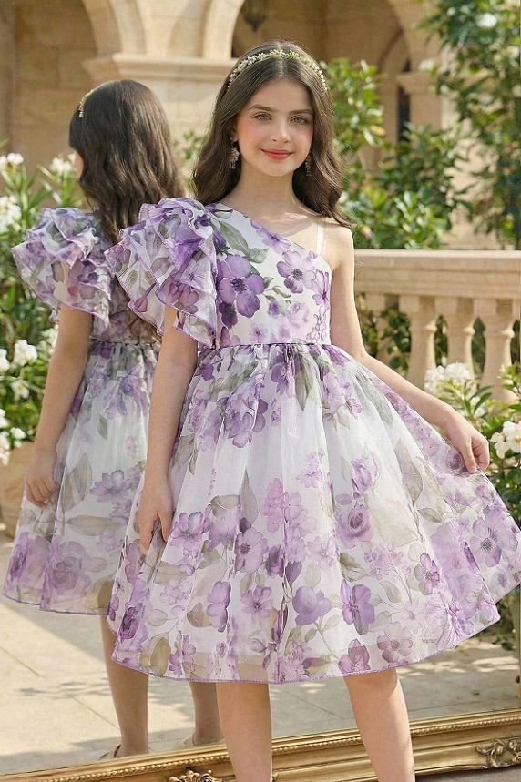 Light Purple Floral Chiffon One-Shoulder Ruffled Midi Dress
