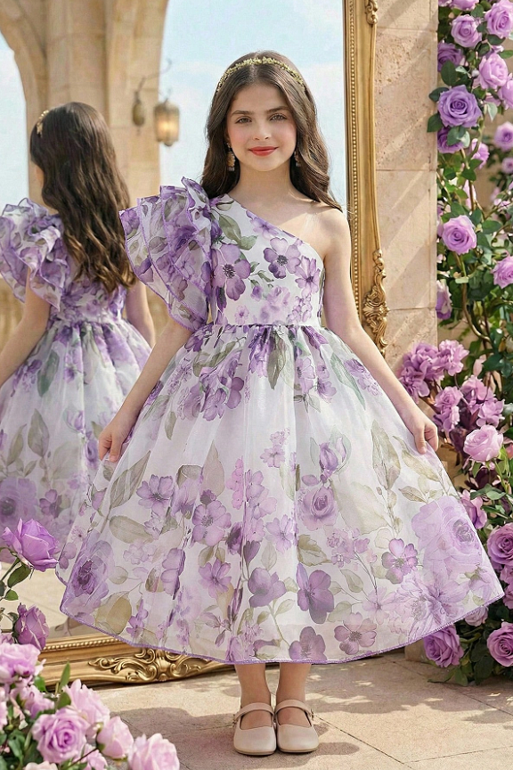 Light Purple Floral Chiffon One-Shoulder Ruffled Midi Dress