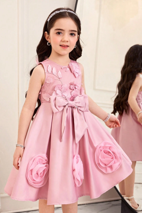Pink Satin Round Neck Sleeveless 3D Flowers & Big Satin Bow Dress