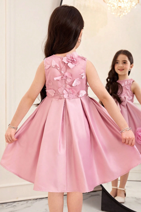 Pink Satin Round Neck Sleeveless 3D Flowers & Big Satin Bow Dress