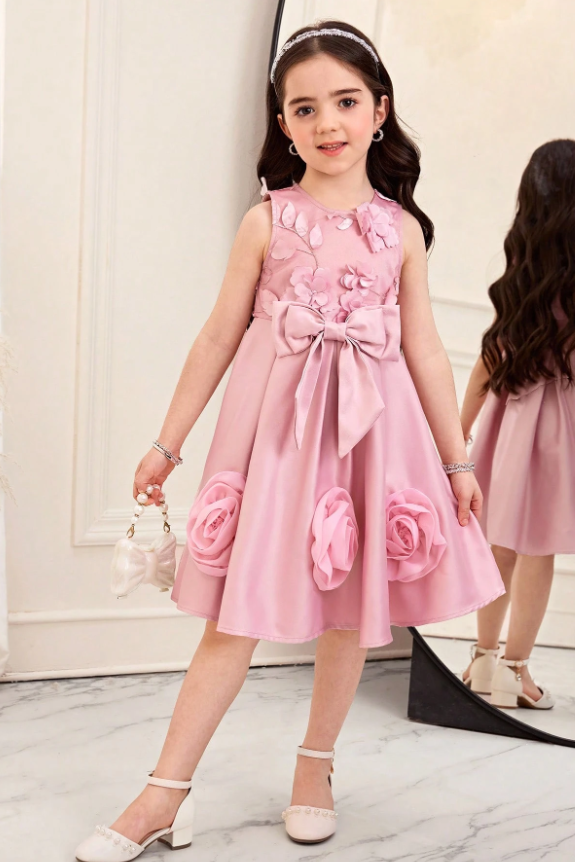Pink Satin Round Neck Sleeveless 3D Flowers & Big Satin Bow Dress