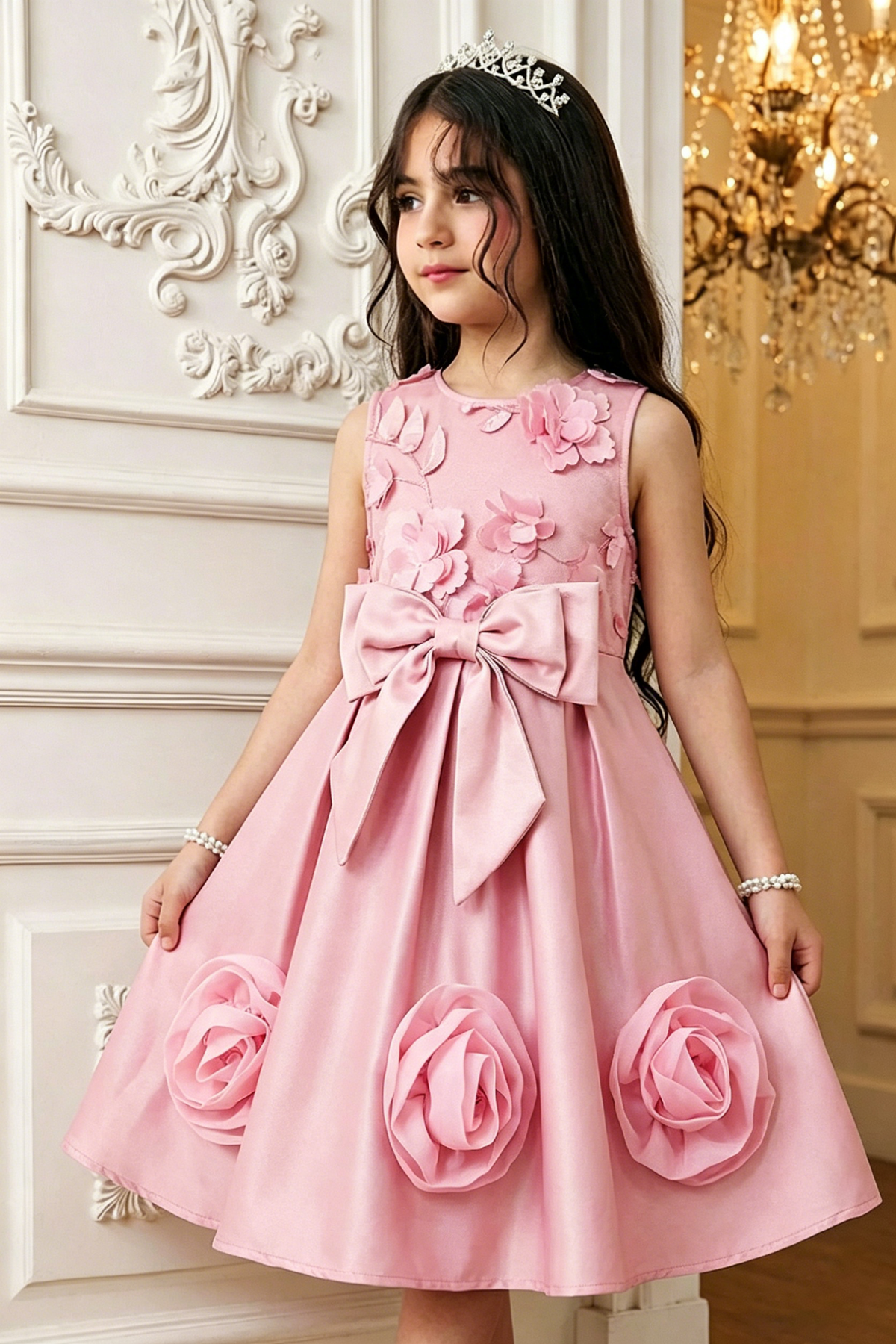 Pink Satin Round Neck Sleeveless 3D Flowers & Big Satin Bow Dress