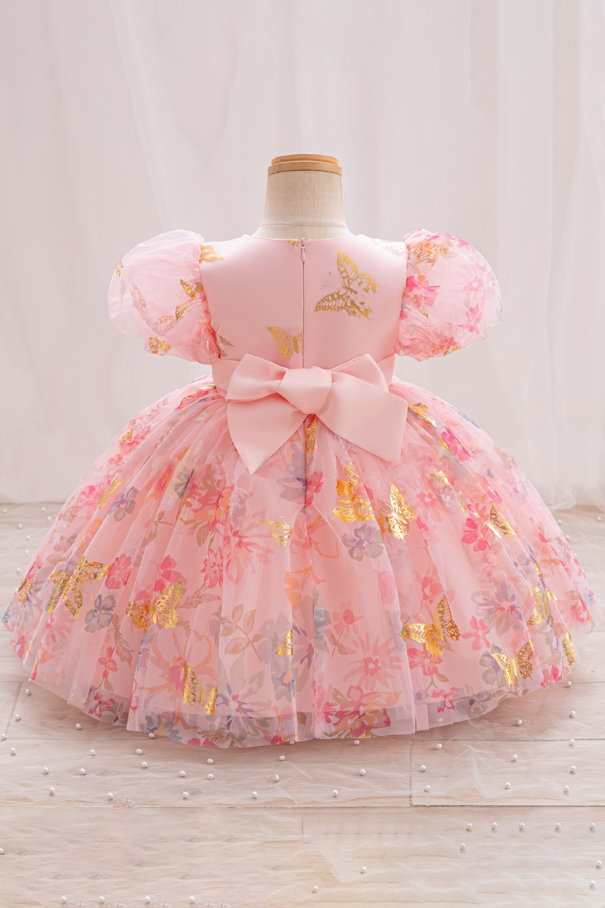 Pink Chiffon Gold Foil Butterfly Floral Print Round Neck Bow Dress