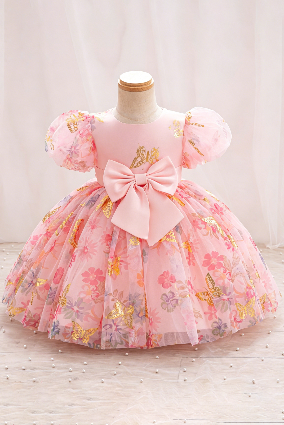 Pink Chiffon Gold Foil Butterfly Floral Print Round Neck Bow Dress