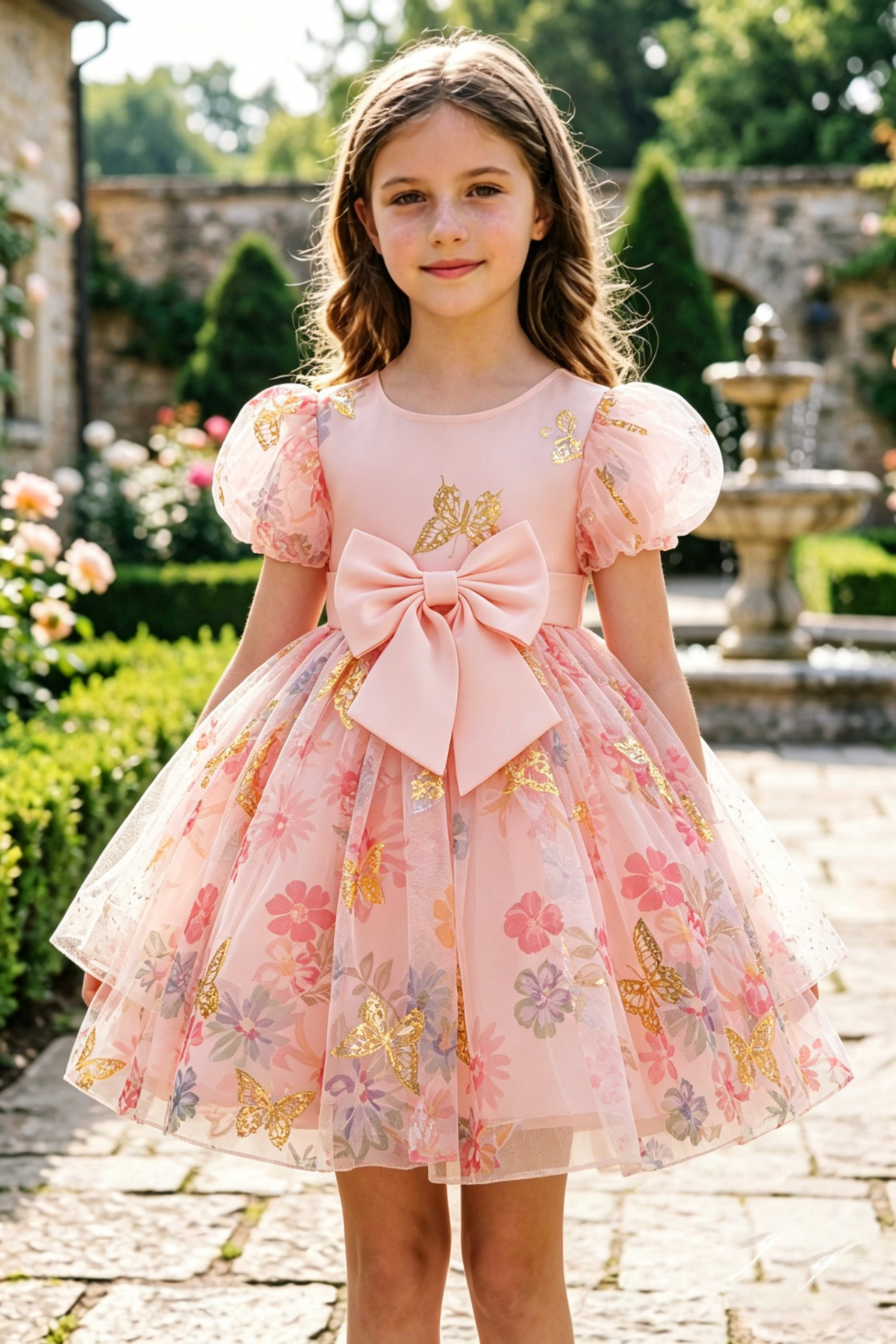 Pink Chiffon Gold Foil Butterfly Floral Print Round Neck Bow Dress